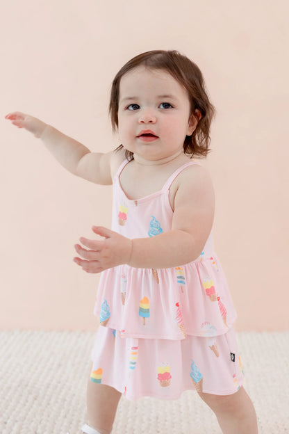 Spaghetti Strap Ruffle Romper in Sakura Ice Cream
