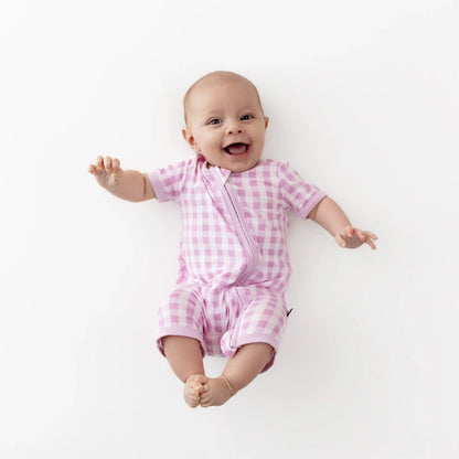 Zipper Shortall Romper in Gingham Thistle