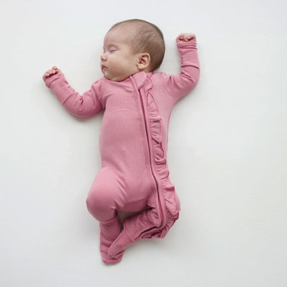Ribbed Ruffle Zipper Footie in Apple Blossom