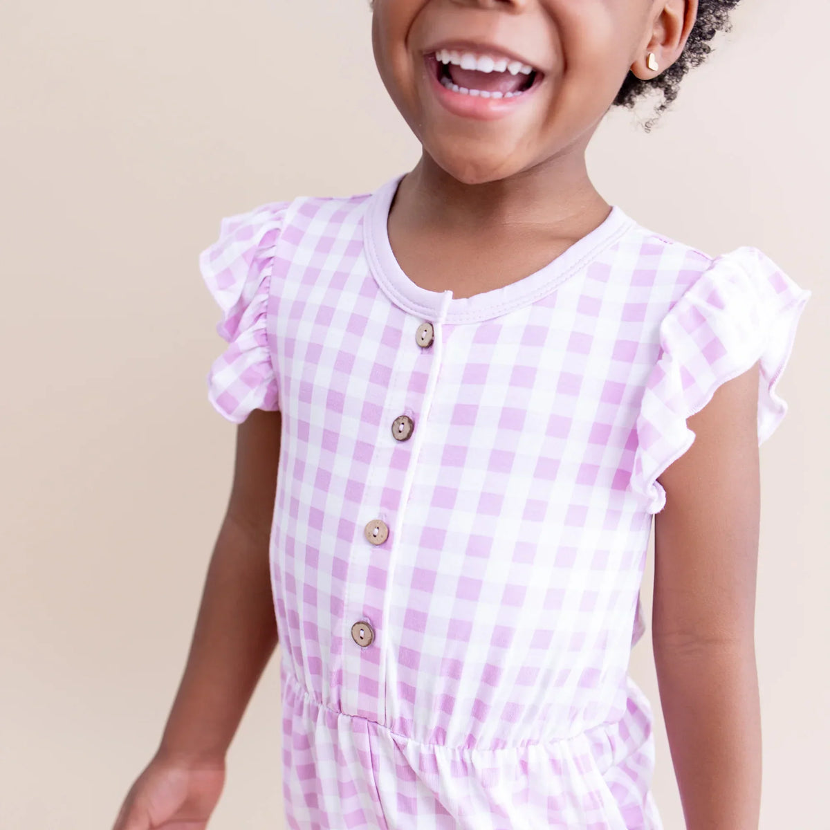 Flutter Sleeve Romper in Gingham Thistle